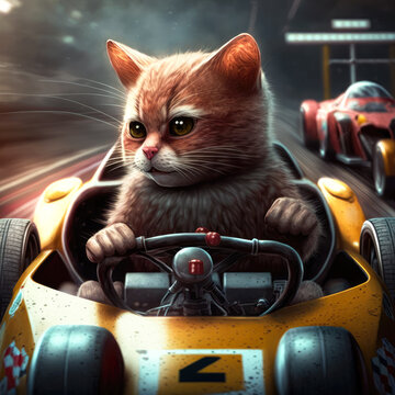 A Ginger Cat Race Car Driver Sitting In His Yellow Car At The Starting Line Of A Race. Created With Generative AI.