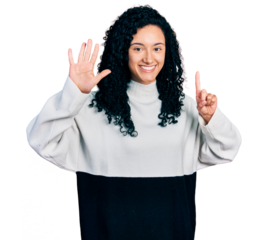 Young hispanic woman with curly hair wearing casual sweater showing and pointing up with fingers number six while smiling confident and happy.