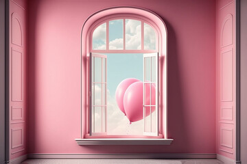Fototapeta na wymiar Pink room with open windows and flying balloons. Generative AI.