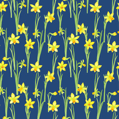 Daffodil flowers watercolor seamless pattern. Yellow hand drawn flowers endless background for wallpaper and fabric.