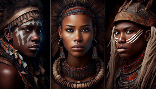 Retrato de mujer y hombres de una tribu africana, mirando a la c&aacute;mara o al frente , generado con IA	