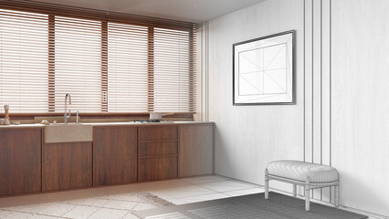 Architect interior designer concept: hand-drawn draft unfinished project that becomes real, contemporary kitchen with wooden walls and frame mockup. Minimal style