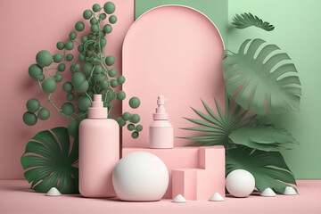 Fototapeta premium mockup scene with monstera leaves and plant for make up, skin care and beauty set, pastel soft colors, ggenerative ai illustration