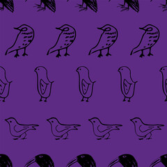 Black and Purple Cartoon Birds Seamless Pattern