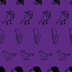 Black and Purple Cartoon Birds Seamless Pattern