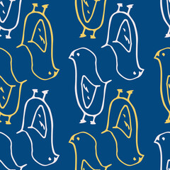 Blue Cartoon Birds Brushstroke Seamless Pattern