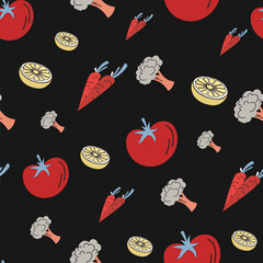 Colorful Black Vegetable Healthy Ingredients Seamless Pattern