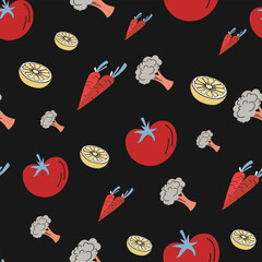 Colorful Black Vegetable Healthy Ingredients Seamless Pattern