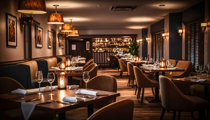 Keuken spatwand met foto Dine in Style, Tables Ready at a Large Luxury Restaurant with Modern Ambiance, Generative AI © BPawesome
