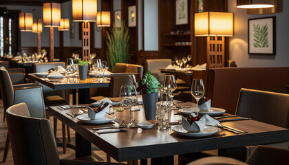 Indulge in Culinary Excellence, A Large Luxury Restaurant with Tables Set and Ready, Generative AI