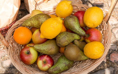 Basket of fruits on the market in the 1700s.
