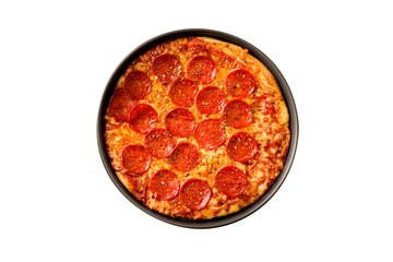 Pepperoni pizza with pizza pan isolated on white