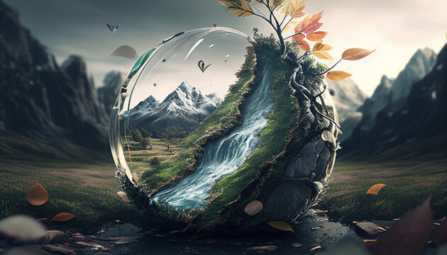 sfera bio con cascata nella natura