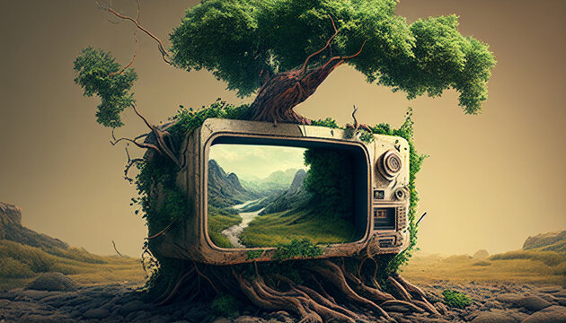 bio tecnologia, integrazione con ambiente, computer, foresta e albero, generative ai
