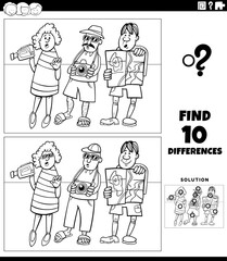 differences game with cartoon tourists coloring page