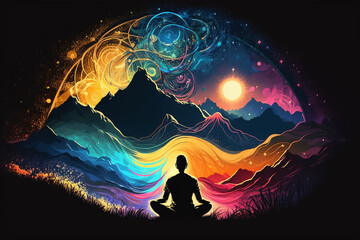 Psychic Waves | Illustration a person meditating, with swirling patterns of light and color radiating out from his mind. mountain range and sun that is often associated with spiritual practices. Ai