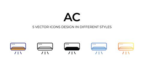 ac Icon Design in Five style with Editable Stroke. Line, Solid, Flat Line, Duo Tone Color, and Color Gradient Line. Suitable for Web Page, Mobile App, UI, UX and GUI design.