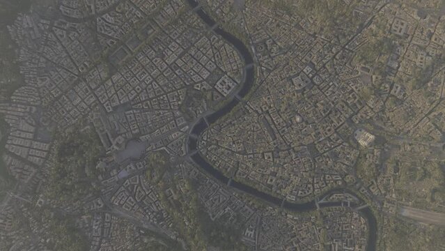 High altitude aerial top down view of Rome Italy showing Tiber river and all major tourist attractions like Vatican City Vittoriano the Colosseum Trevi Fountains and the Pantheon 4k animation