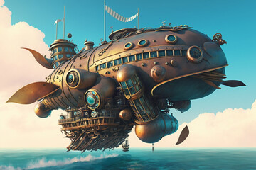 Naklejka premium Concept of a large flying machine sailing in the sea in steampunk style generated by AI, digital art.