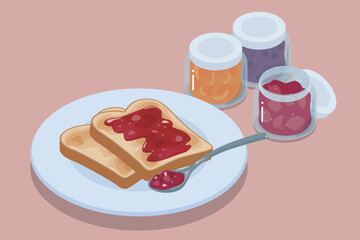 食パンとジャムのアイソメトリックベクターイラスト