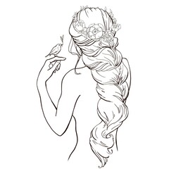 Graphics linear drawing of a girl with a bird and a wreath of flowers on her head, view from the back. High quality illustration