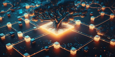 An illustration of a decentralized network with multiple nodes connected through blockchain technology. Generative AI.