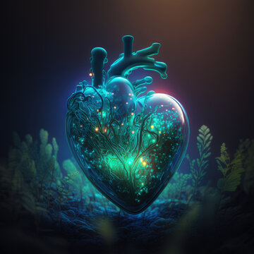 Heart shaped air bubble with fises around. Romantic underwater concept wallpaper. Generative AI