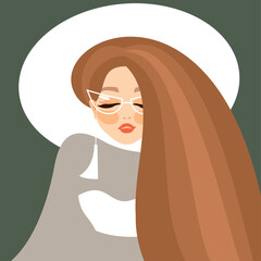 Beautiful young woman with makeup, glasses, brown hair and in the white big hat. Long earring in the ear. Grey and white dress. Vector illustration in green tones. Beauty and fashion.