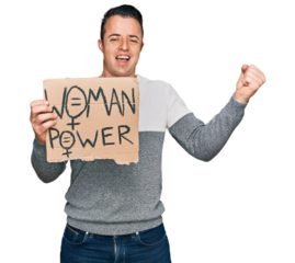Handsome young man holding woman power banner screaming proud, celebrating victory and success very excited with raised arms