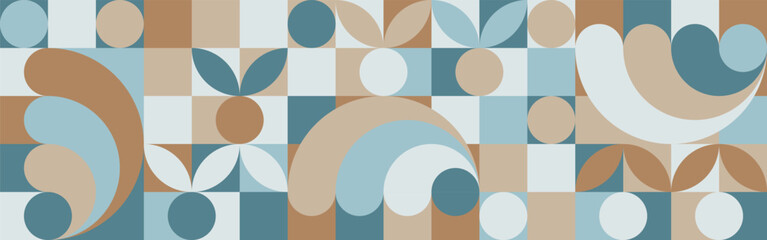 Trendy vector abstract geometric background with circles in scandinavian style, seamless pattern covering brown and blue shades of sea wave. Graphic mosaic pattern of simple shapes in pastel colors.