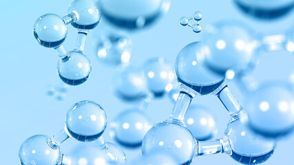 Chemical molecule under microscope. Cell in laboratory research concept with blue background. 3d rendering