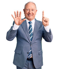 Senior handsome grey-haired man wearing elegant suit showing and pointing up with fingers number six while smiling confident and happy.