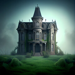 creepy haunted mansion with fog. Generative Ai - obrazy, fototapety, plakaty