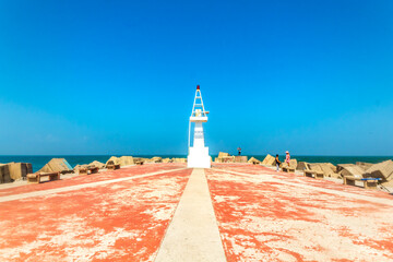 lighthouse on the beach in sunny day, miramar beach in madero tamaulipas 