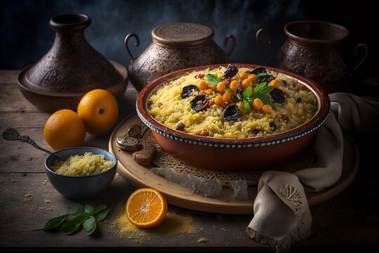 plat de couscous sur une table en bois, miniature pour application - generative ai