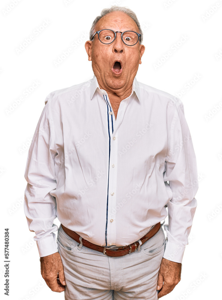 Sticker senior caucasian man wearing business shirt and glasses afraid and shocked with surprise expression,