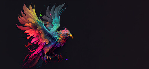 Fototapeta na wymiar rainbow phoenix over dark background, panoramic layout. Generative Ai