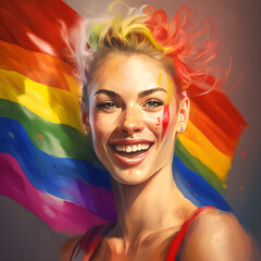 Fototapeta na wymiar LGBT illustration. Happy girl on rainbow colours flag backgrond. AI generated