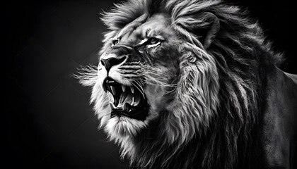 Lion front view roaring black and white generative ai