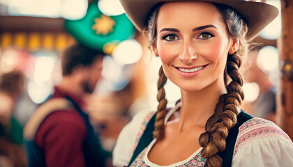 Fototapeta premium A classic portrayal of a woman in traditional Octoberfest attire raising a beer in Munich's beer garden