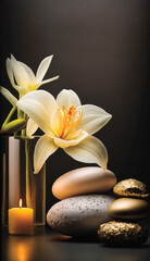 Candles light up a spa and wellness scene with white lily flowers and therapy stones
