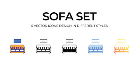 Fototapeta na wymiar sofa set Icon Design in Five style with Editable Stroke. Line, Solid, Flat Line, Duo Tone Color, and Color Gradient Line. Suitable for Web Page, Mobile App, UI, UX and GUI design.