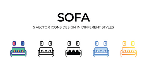 sofa Icon Design in Five style with Editable Stroke. Line, Solid, Flat Line, Duo Tone Color, and Color Gradient Line. Suitable for Web Page, Mobile App, UI, UX and GUI design.