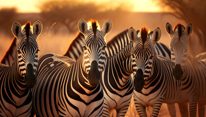 Fototapeta na wymiar Group of zebras side view looking at camera hyper realistic generative ai