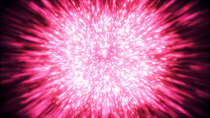 Stream of particles is absorbed and explodes. Motion. Bright particles disappear at point and explode in stream on black background. Explosion of bright stream of particles on black background