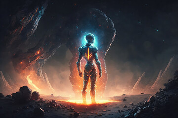 A humanoid figure made of light standing on the infront of a glowing asteroid.