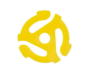 Yellow plastic adapter for playing 45 r.p.m. vinyl singles on 33 r.p.m. record players with cut out background.
