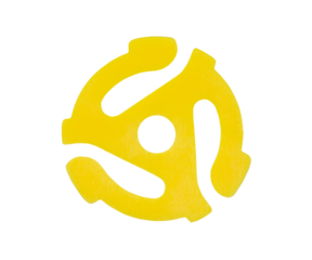 Yellow plastic adapter for playing 45 r.p.m. vinyl singles on 33 r.p.m. record players with cut out background.