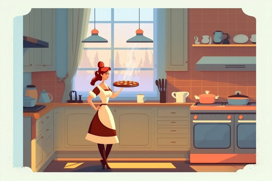 Simple illustration of woman baking a cake in her kitchen.