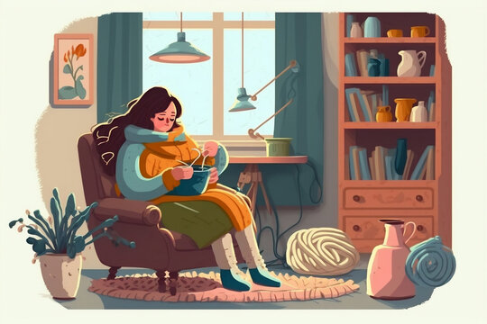Simple illustration of woman knitting in her living room.